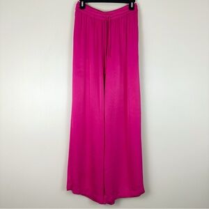 Ciebon Satin Soft Pants Medium High Rise Hot Pink Drawstring Wide Leg Trouser